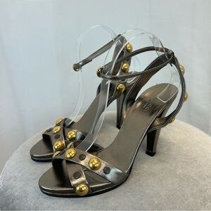 Gucci dark gray metallic chrome gold studded strappy high heel sandal pumps 39